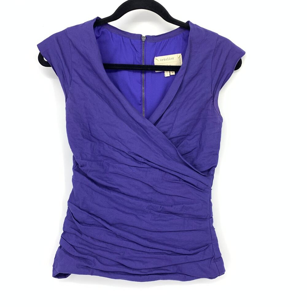 Nicole Miller Artelier Ruched Surplice Neck Top Womens Sz M Indigo Blue Purple